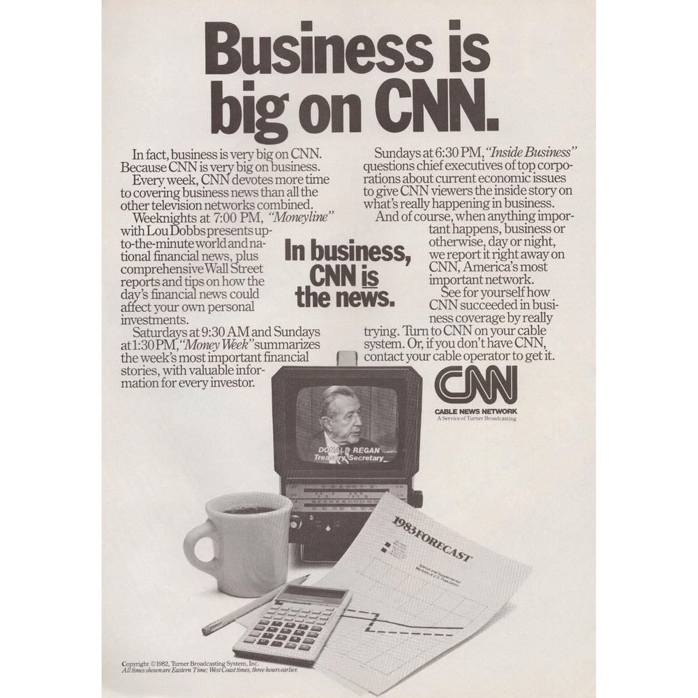 1982 CNN Business Vintage Print Ad Moneyline Lou Dobbs Media Wall Street Finance